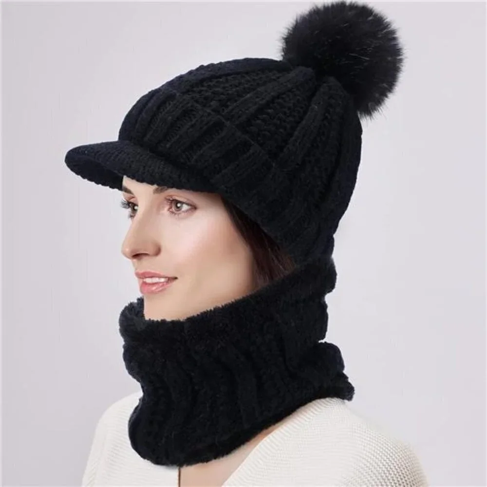5 Pieces Women Winter Warm Set Knit Beanie Hat Scarf Touchscreen Gloves